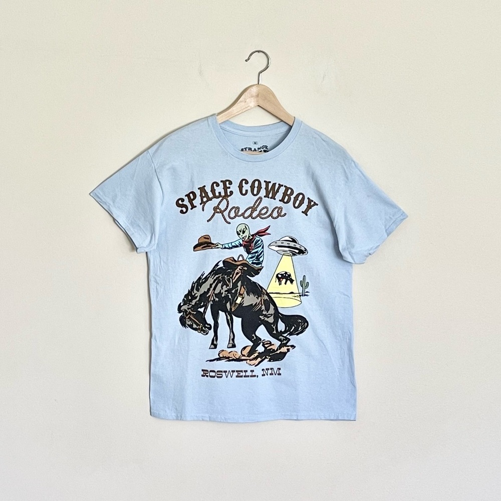NEW Strange Daze Space Cowboy Rodeo Roswell, NM Alien Light Blue T Shirt Adult M